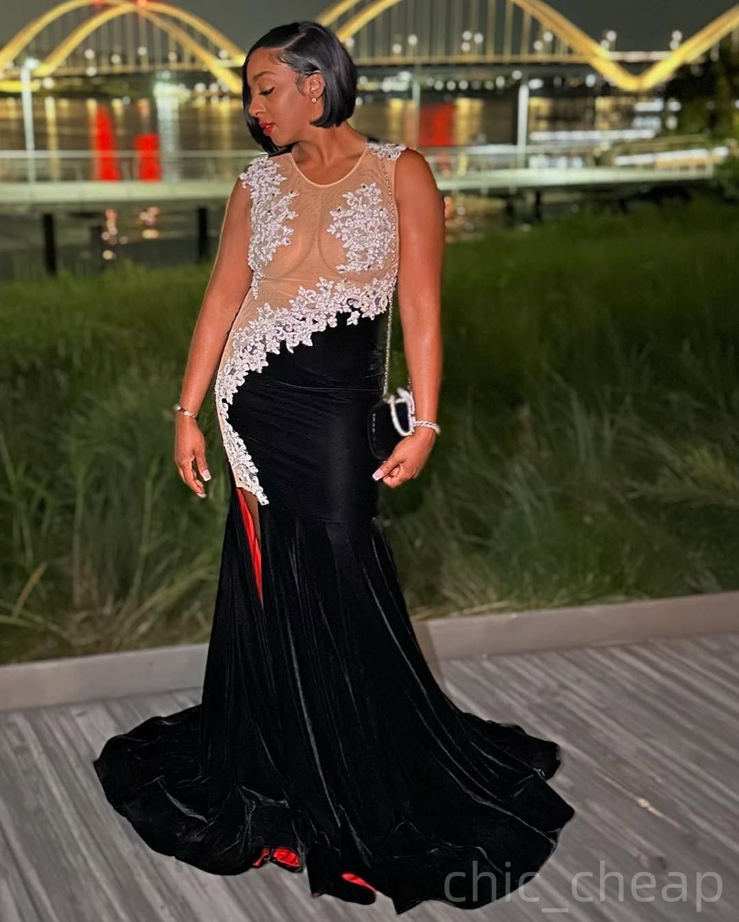 Black Mermaid Prom Dresses 2025 Lace Sheer Neck Velvet High Split Evening Formal Party Second Birthday Engagement Gowns Plus Size Dress For Special Oc