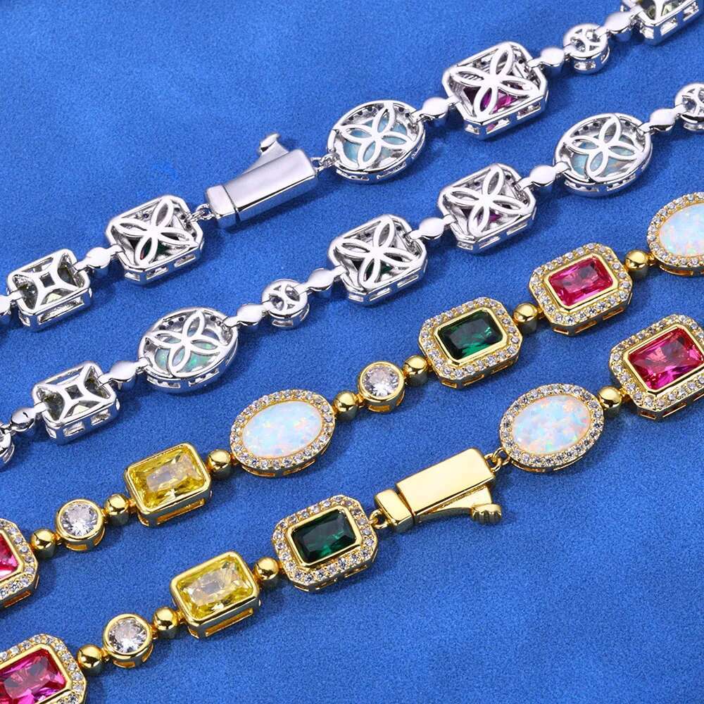 Multi Colored Gem Stone Chain White Gold Plated Vintage Women Choker Jewelry Colorful Rainbow Gemstone Bracelet Necklace Men