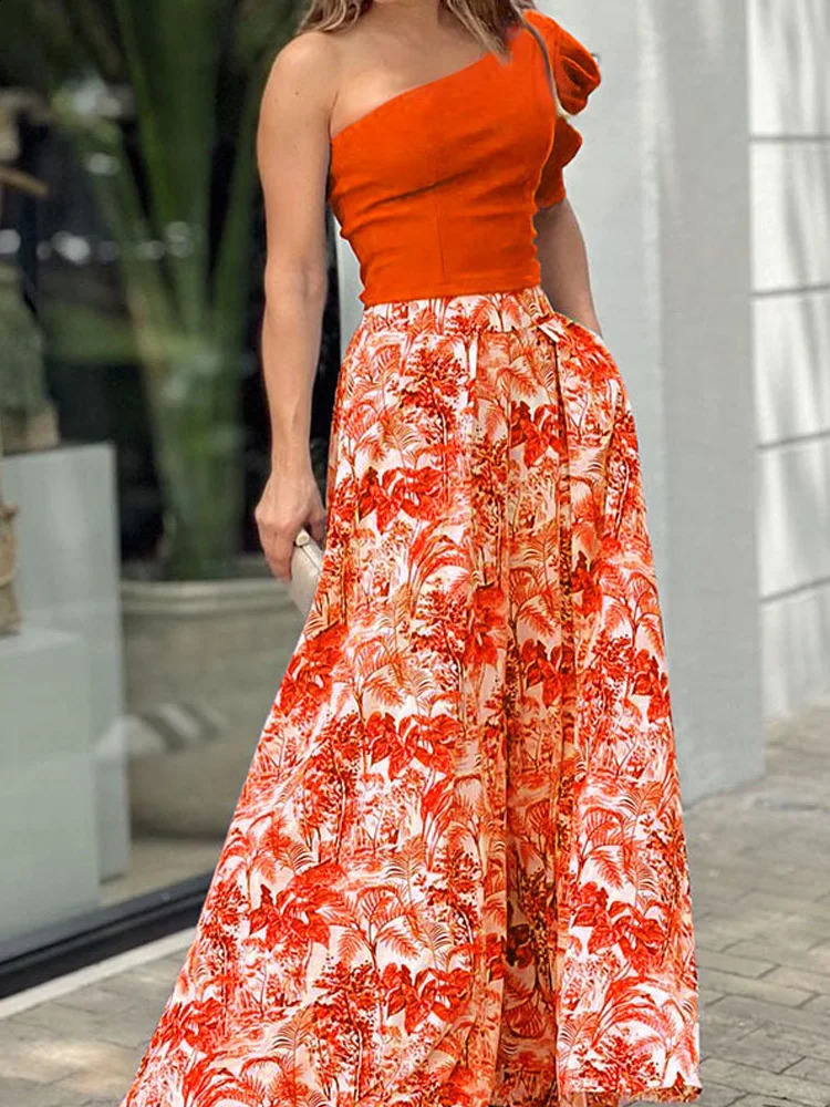 Womens Elegant Summer Loose Set Sexy Slant Neck Solid Cut Shirt and Printed Pocket Wide Leg Pants Set Waist Set 250225