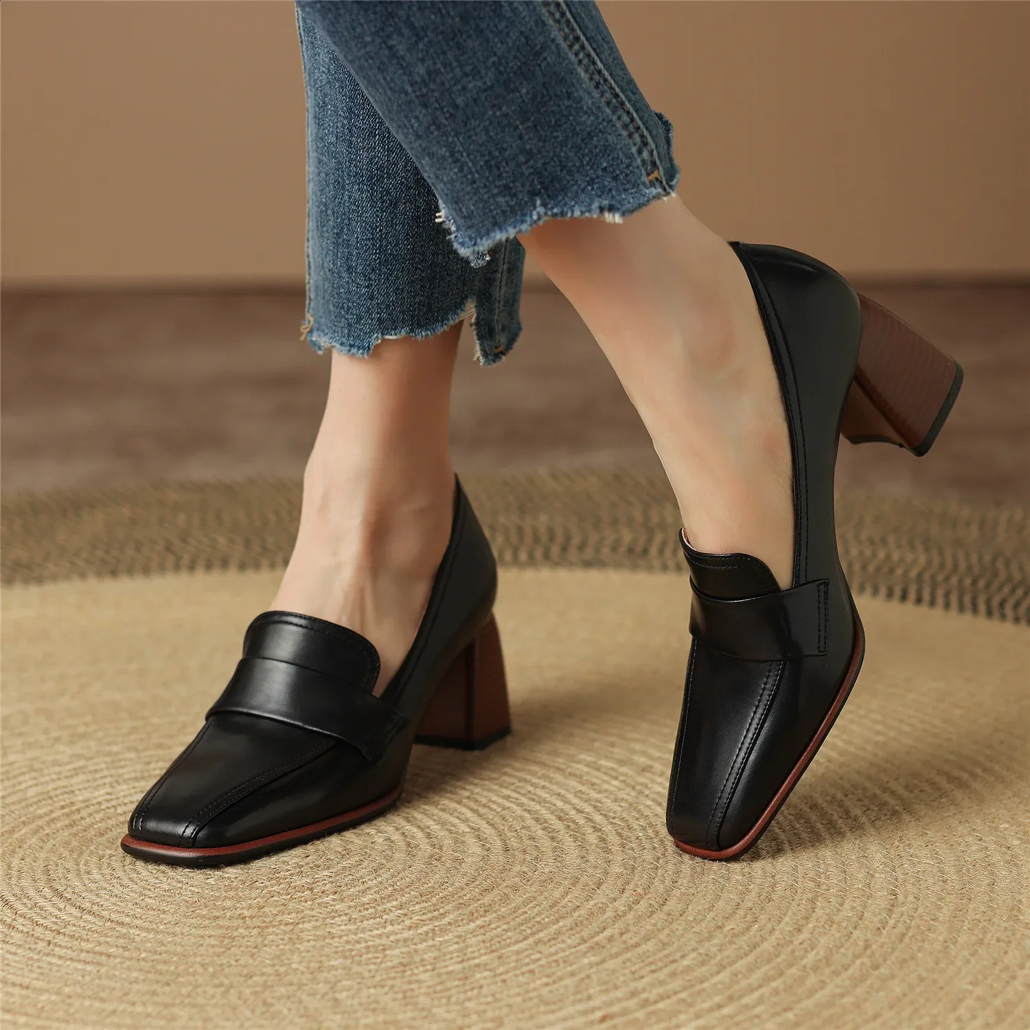 Sheepskin Women Shoes Spring Thick High Heels Pigskin Insole and Lining Ladies Office Dress Shoes Plus Size 41 42 250228
