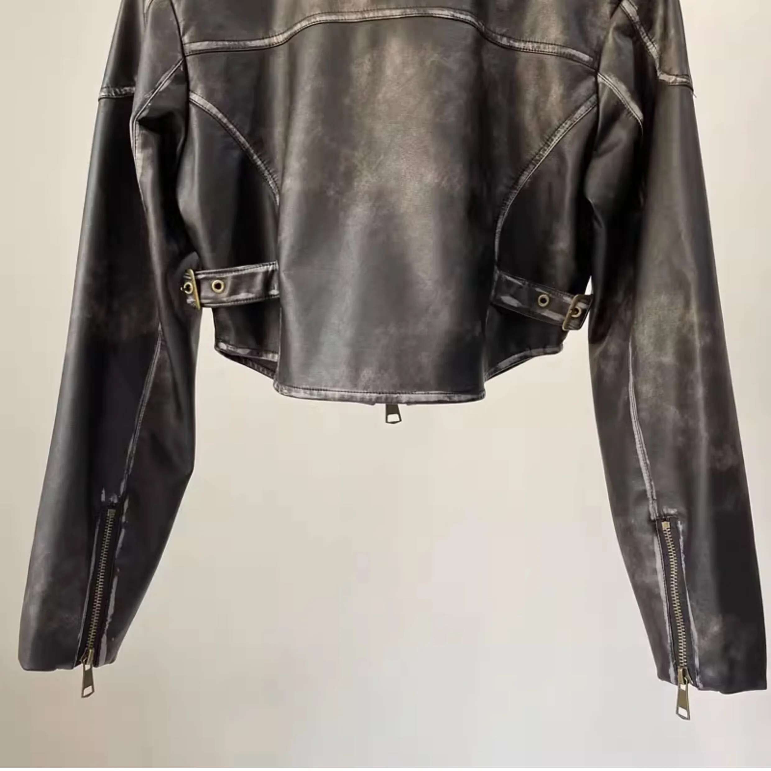 Vintage Black Brown PU Faux Leather Cropped Biker Moto Jacket Women Zipper Coat Outwear Stylish Top Kpop Outdoor