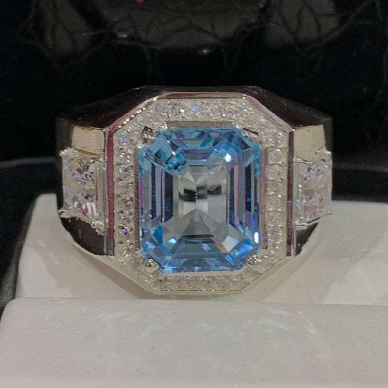 Feiyu's new square sea blue domineering fashionable men's bracelet silver diamond ring