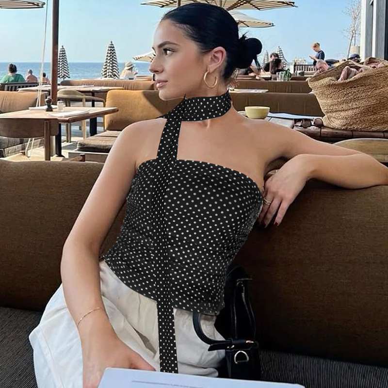 Women's Clothing 2025 Spring/Summer New Product Fashionable And Sexy Polka Dot Printed Slim Fit Patchwork Strapless Top