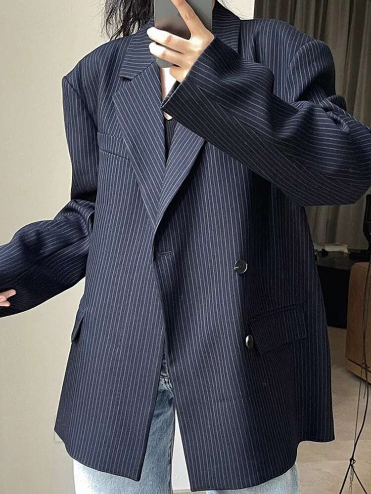 Striped Design Blazer For Women Notched Single Button Long Sleeve Loose Jackets Spring New Clothing Zm493
