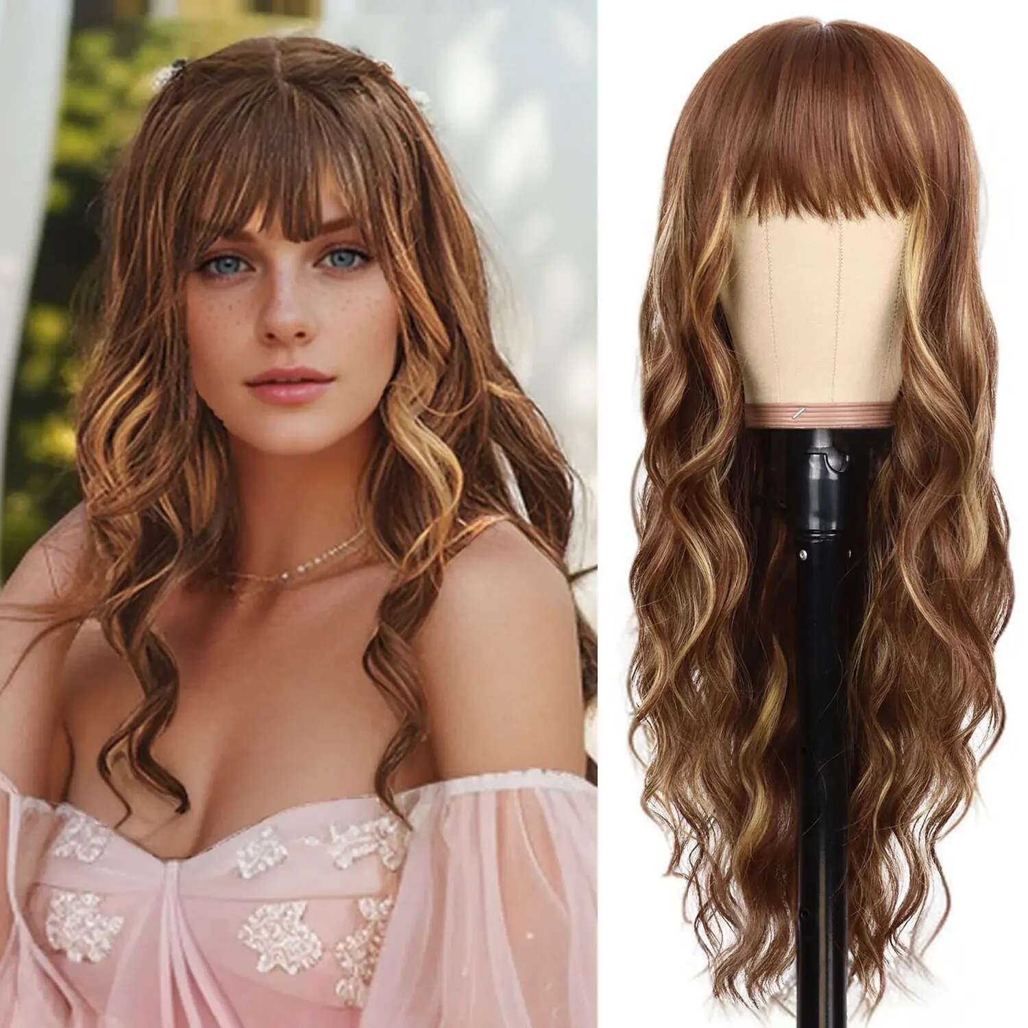 Synthetic Long Wave With Bangs For Women 28 Inches Curly Heat Resistant Black Hair Wig Daily Cosplay Selen