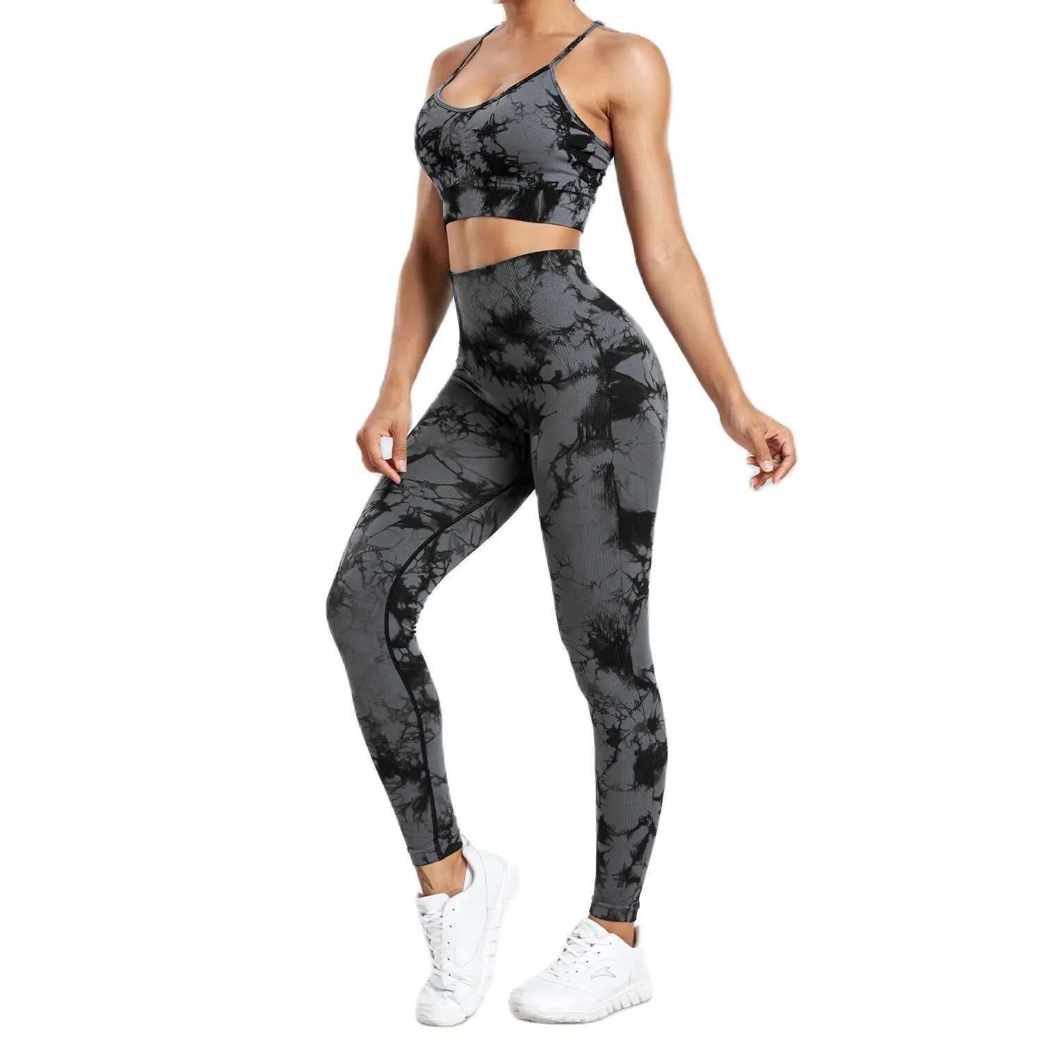 CHRLEISURE Women Tie Dye Yoga Set Seamless Fiess Suit Workout Legging With Running Bra Activewear Female Elastic Gym Wear