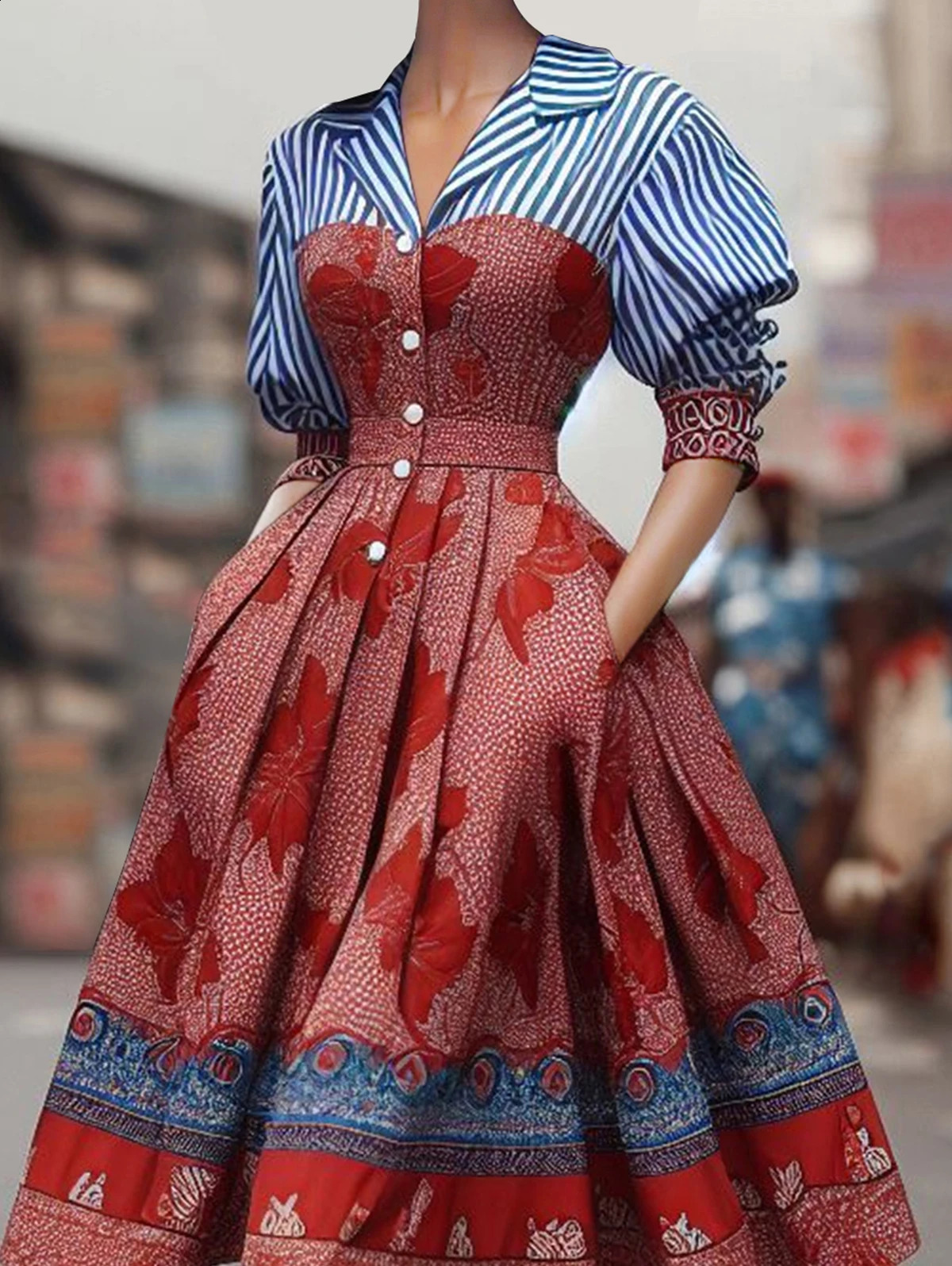 Elegant Womens Dress Striped Floral Patchwork Turndown Collar Shirt Mid-Length Waisted Evening Party Dress Womens Midi Dress 250226