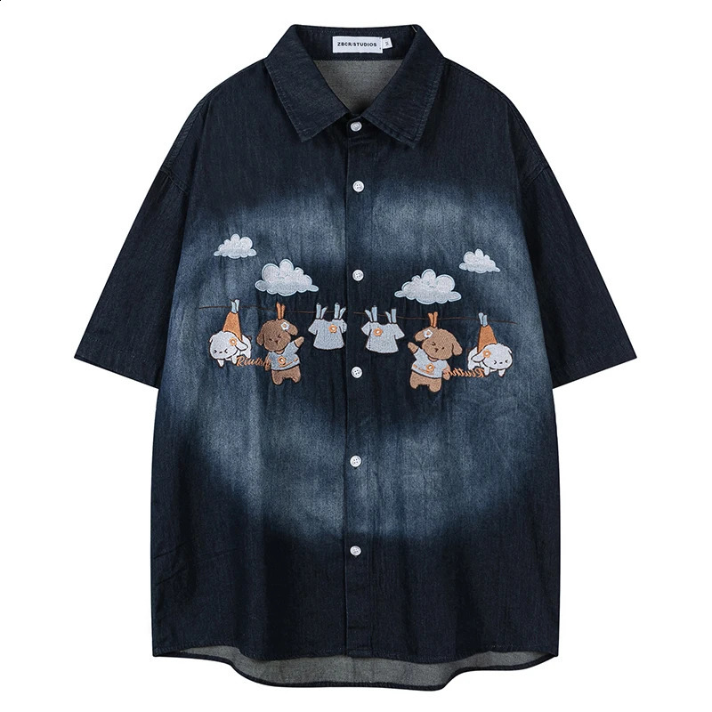 Summer Mens Short Sleeve Denim Shirts Hip Hop Cartoon Embroidery Vintage Blouses Harajuku Streetwear Casual Fashion Loose Shirts 250225