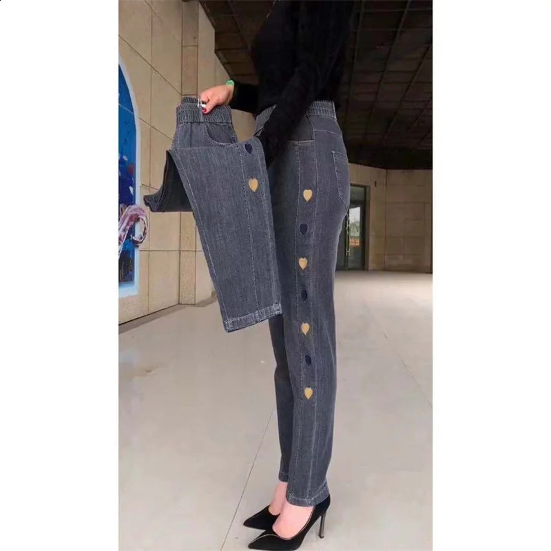 WinterEmbroidery Jeans Womens Elastic High Waist Jeans 5XL FashionWomen Black Blue Pocket Mom Jeans Skinny Stretch Pants Women 250225