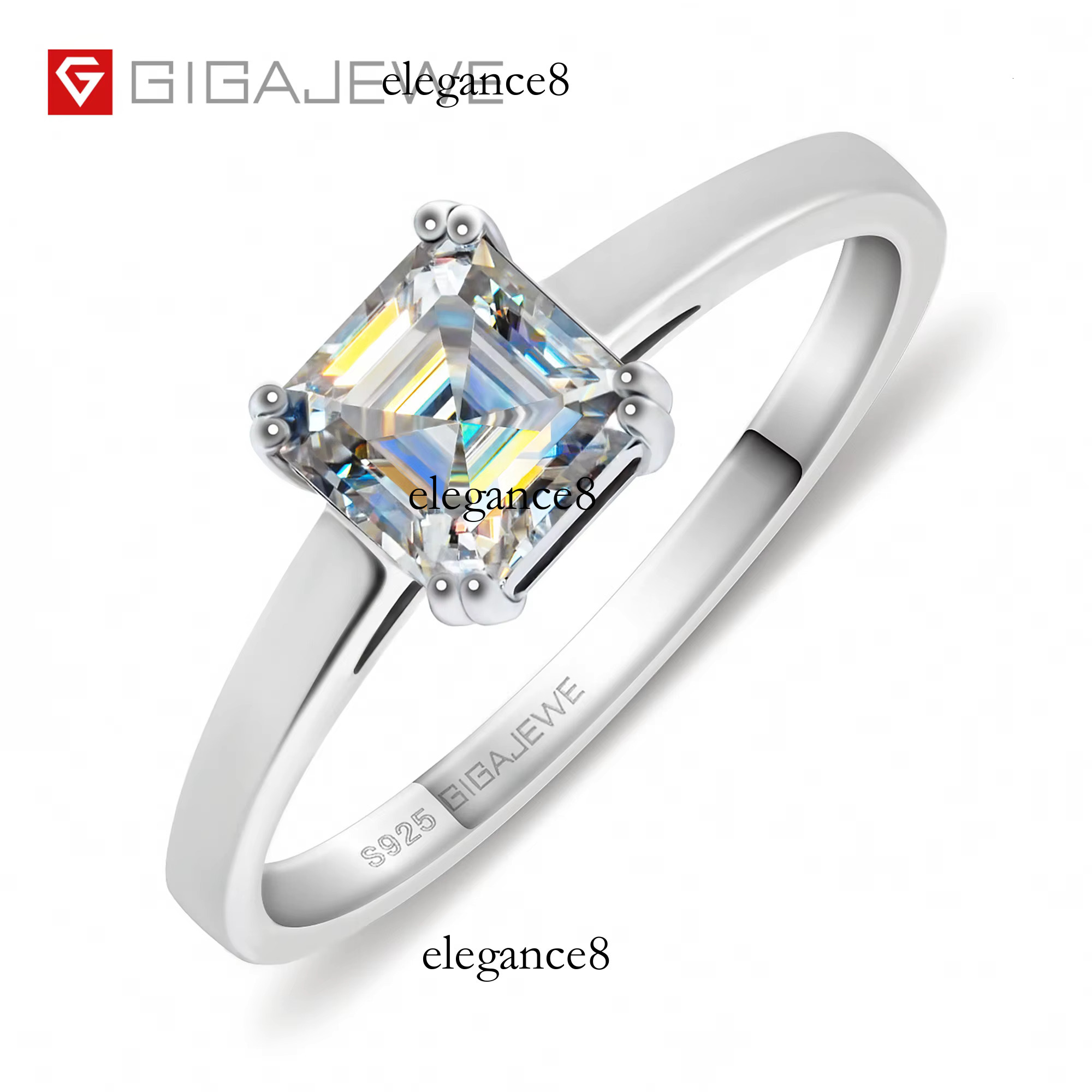 GIGEWE 0.8ct 5.5mm D and Cyan Color Asscher Cut White Gold Plated Sier Moissanite Ring