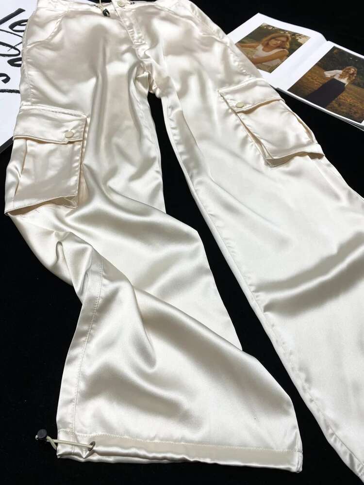 Silk Gorpcore Solid Pink Drawstring Fluid Baggy Cargo Pants Women Black Beige Gray Streetwear Trousers Bottoms