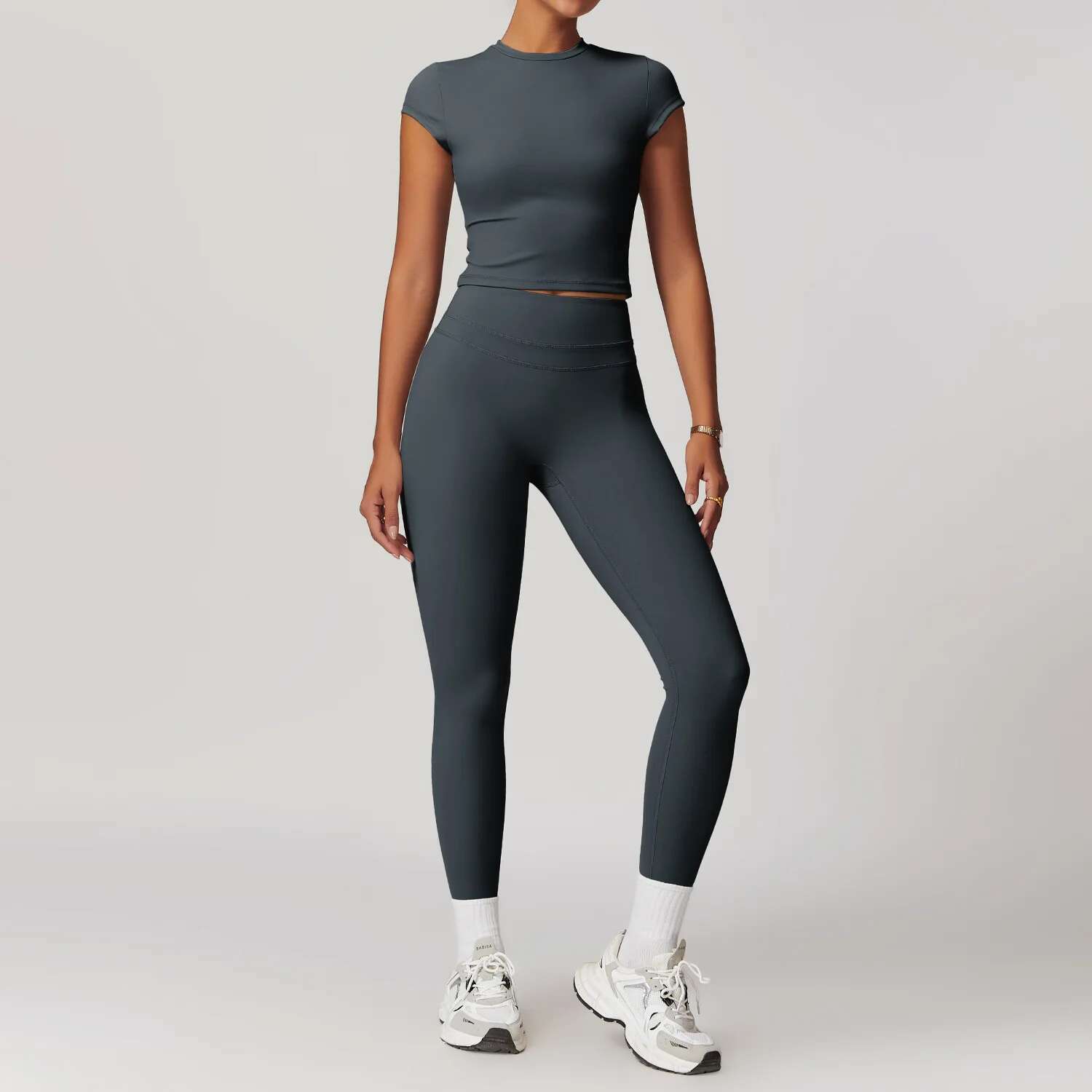 Mikeyoga 2Pcs Yoga Set Women Sportswear Workout Clothes Athletic Wear Gym Legging Fiess Bra Crop Top Short Sleeves Sports Suit