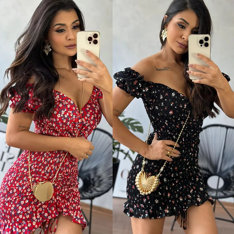 2024 Summer Slim Mini Floral Dres Sexy Vneck Backless Ruffles One Shoulder Dresses Female Fashion Commuting Clothing 250227