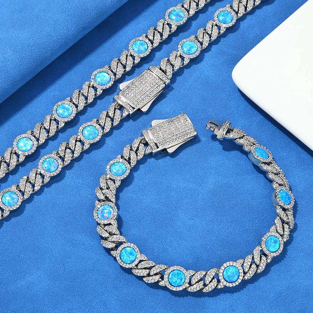 Hip Hop Jewelry 8mm Wide Fashionable Men's And Women's Blue Opal With Cubic Zirconia Sparkg Cuban Chain Necklace