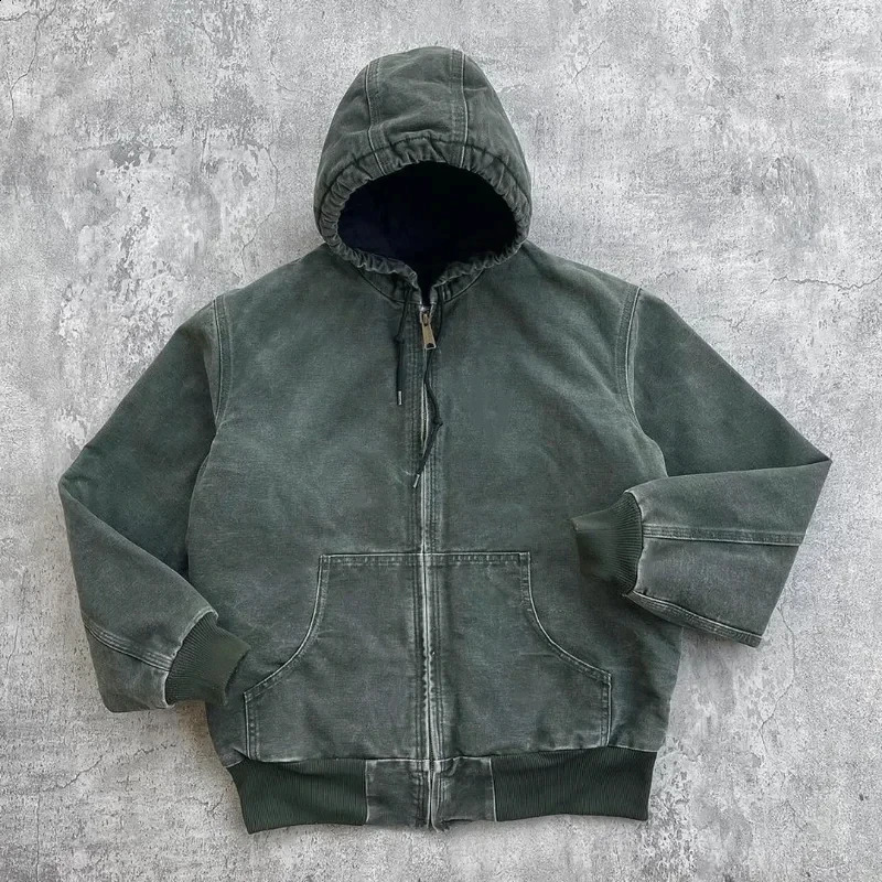 America Retro Hip-hop Flax Green Mens Zipper Hoodie Washed Loose Hooded Sweatshirt Workwear Hoodies Windproof Distressed Jacket 250226