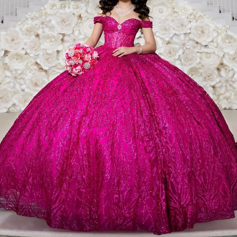 Rose Red Shiny Quinceanera Dresses Ball Gown Off Shoulder Sequin Applique Lace Bow Beads Tull Sweet 16 Dress Vestidos 15 De Anos
