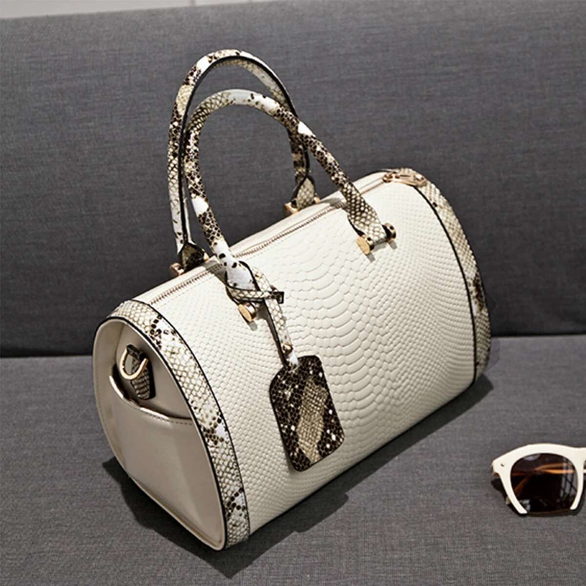 new style New Women's Fashionable Snake Pattern Boston Handbag, Large-Capacity Multi-Compartment Double Handle, Detachable Strap, Can Be Worn On 