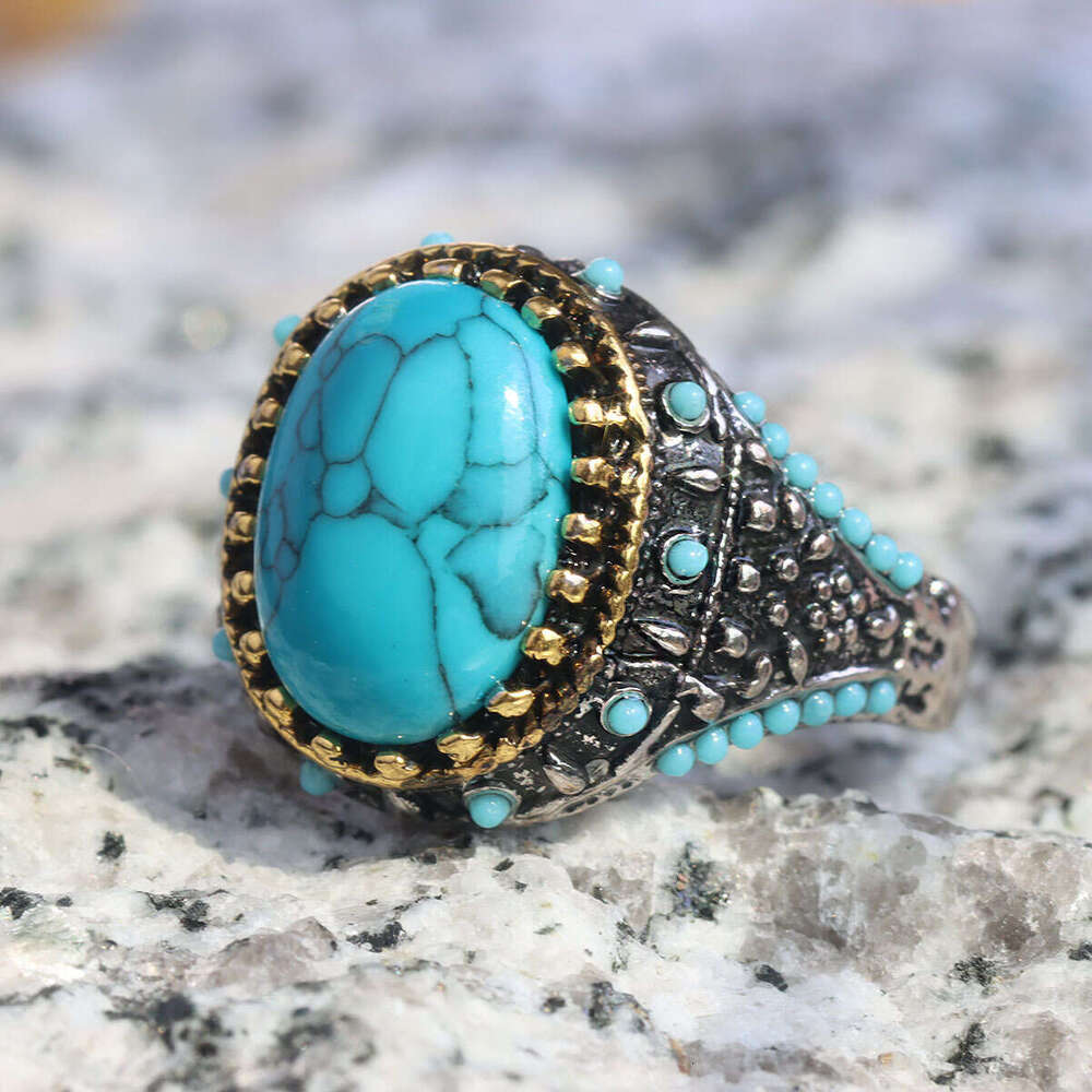 Personalized ethnic style turquoise men's alloy electroplating two-color ring bracelet