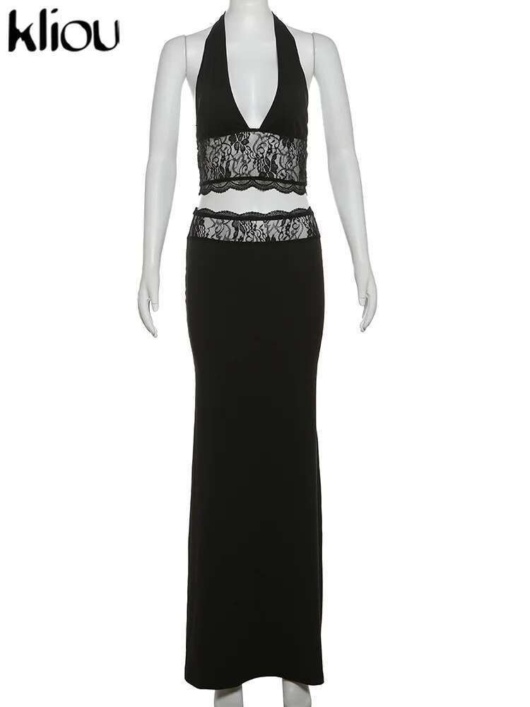 Kliou Lace Patchwork Women 2 Piece Set Halter Fashion Backless Sheer V-Neck Tanks+Trim Matching Long Skirts Mujer Elegant Suits