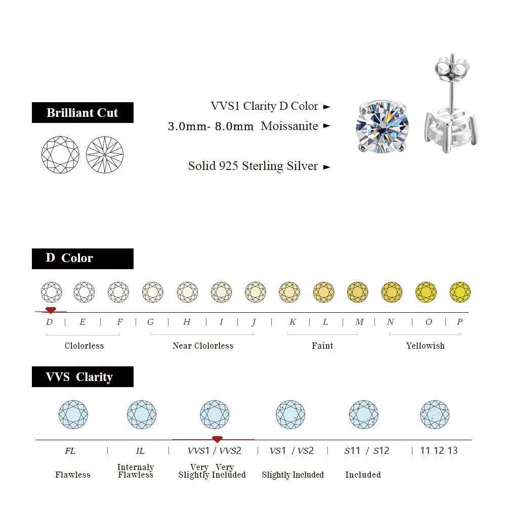 URMYLADY 2 Carat 8.0mm D Color Moissanite Stud Earrings For Women Top Quality 100% Sterg Sier Sparkg Wedding Jewelry