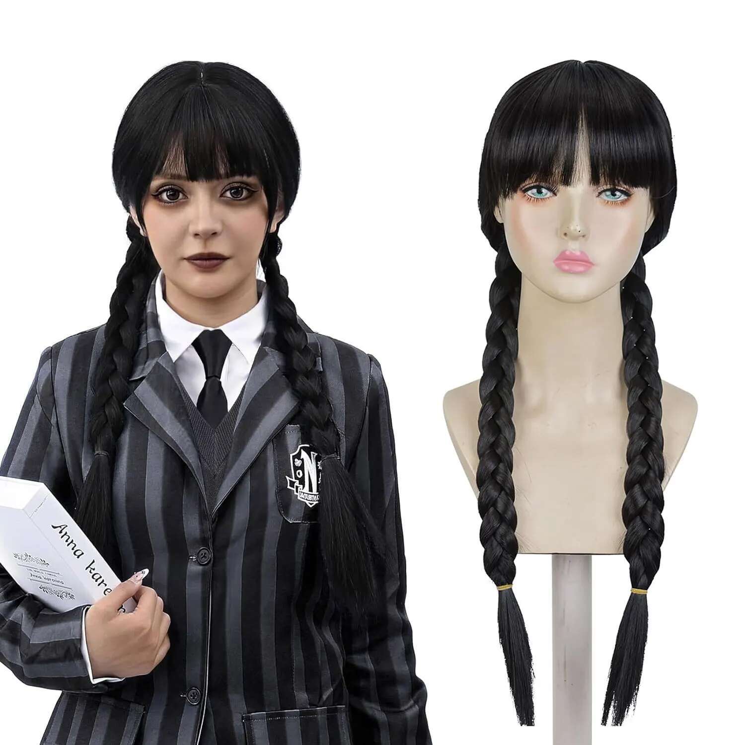 Synthetic Black Braided Pigtail Braids Halloween Costume Compatible With Wednesday Addams Wig