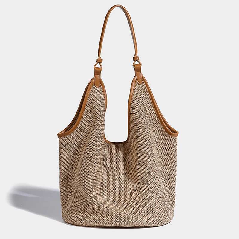 Large Capacity Bucket Beach Bags For Women Designer Handbags And Purses New In Casual Straw Weave Underarm Shoulder