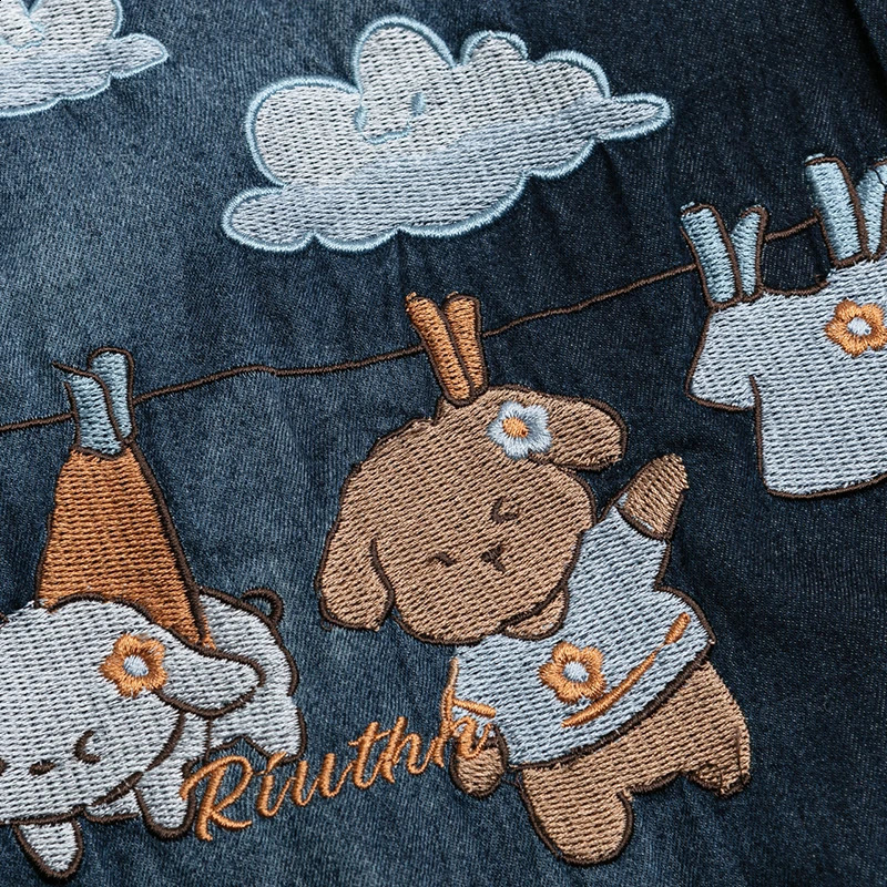 Summer Mens Short Sleeve Denim Shirts Hip Hop Cartoon Embroidery Vintage Blouses Harajuku Streetwear Casual Fashion Loose Shirts 250225