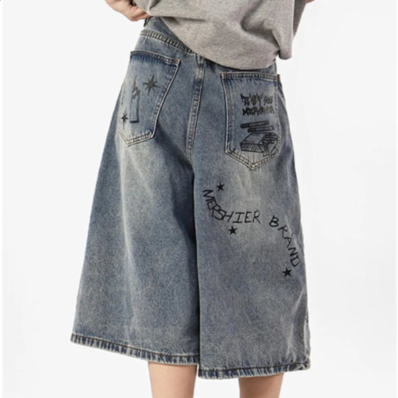 Mens Graffiti Denim Shorts Women Vintage Cartoon Pattern Print Straight Wide Leg Shorts High Street Oversize Kneen Length Pants 250228