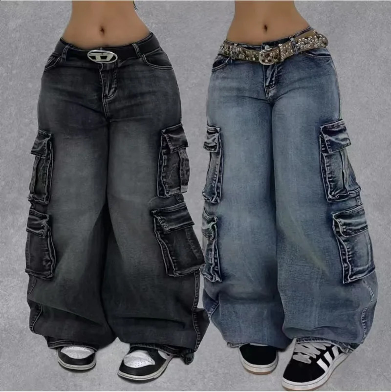 Y2K Washed Retro Jeans Fashion Niche Multi Pocket Street Clothing Zipper Cargo Pants Womens Hip Hop Bag Wide Leg Jeans 250224