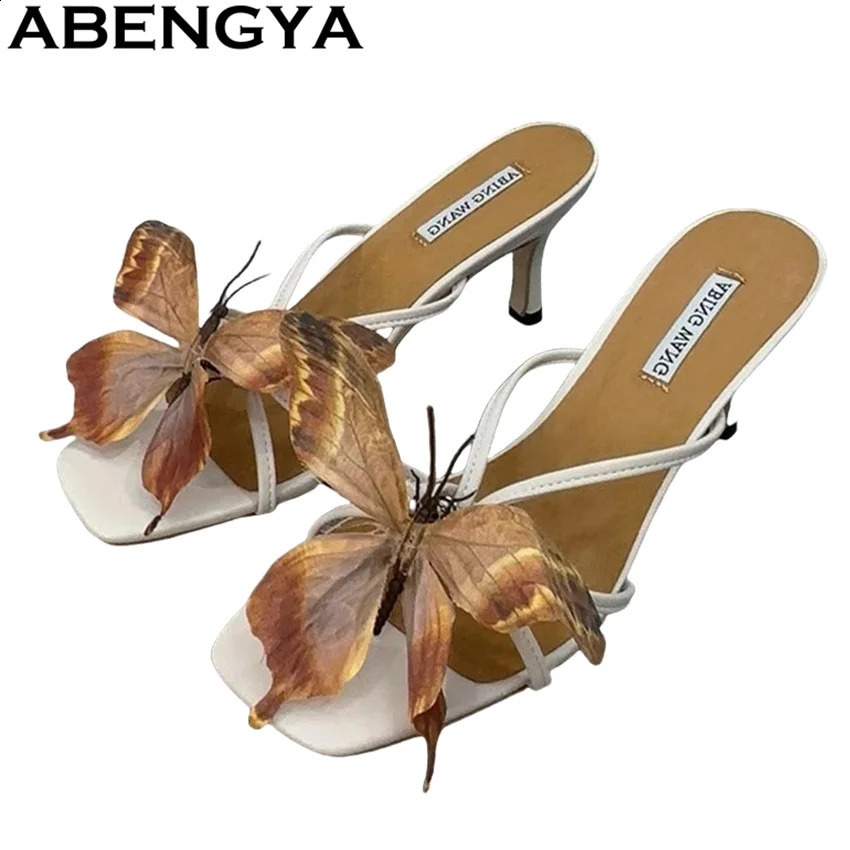Multicolor Beautiful Butterfly Flip Flops Mules Slippers Women Square Open Toe Thin High Heels Flower Sandals Woman Summer 250228