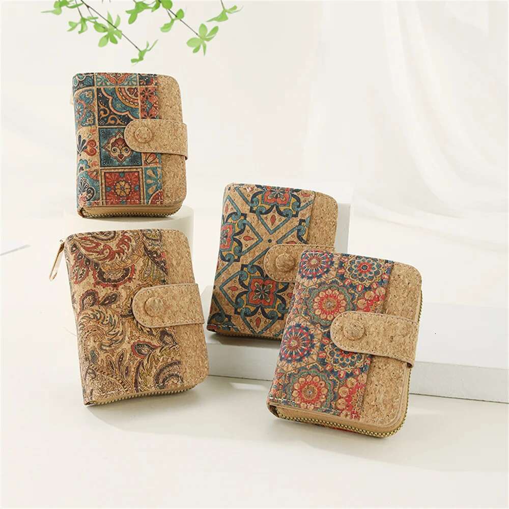 Retro Printed Short Zipper Small Wallet Portable Cork Coin Purse Multi Functional Slot Women's Card Holder Wallets