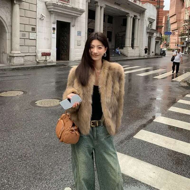 New Korean Fashion High End Fox Coat for Winter Clothes V-neck Warm Brown Short Fur Jackets Women Tops