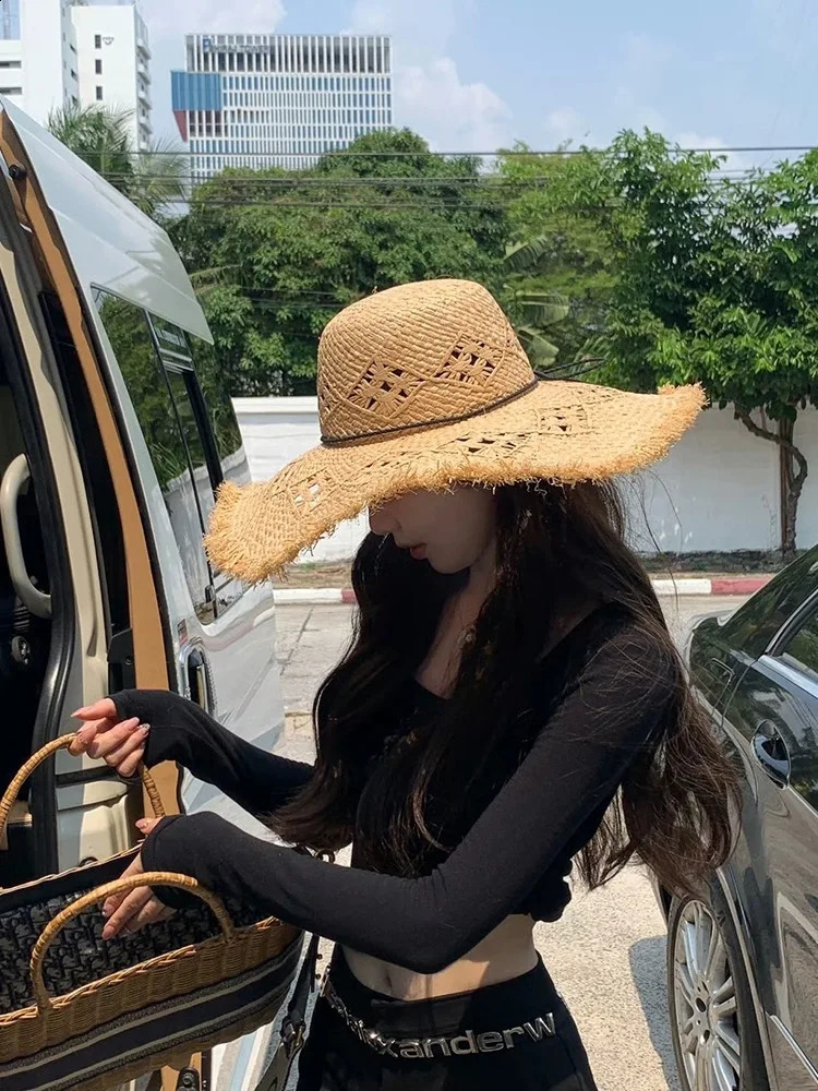 Women Summer Natural Raffia Straw Hat Female Fashion Ribbon Floppy Shading Wide Brim Sun Hats Lady Vacation Travel Beach 250228