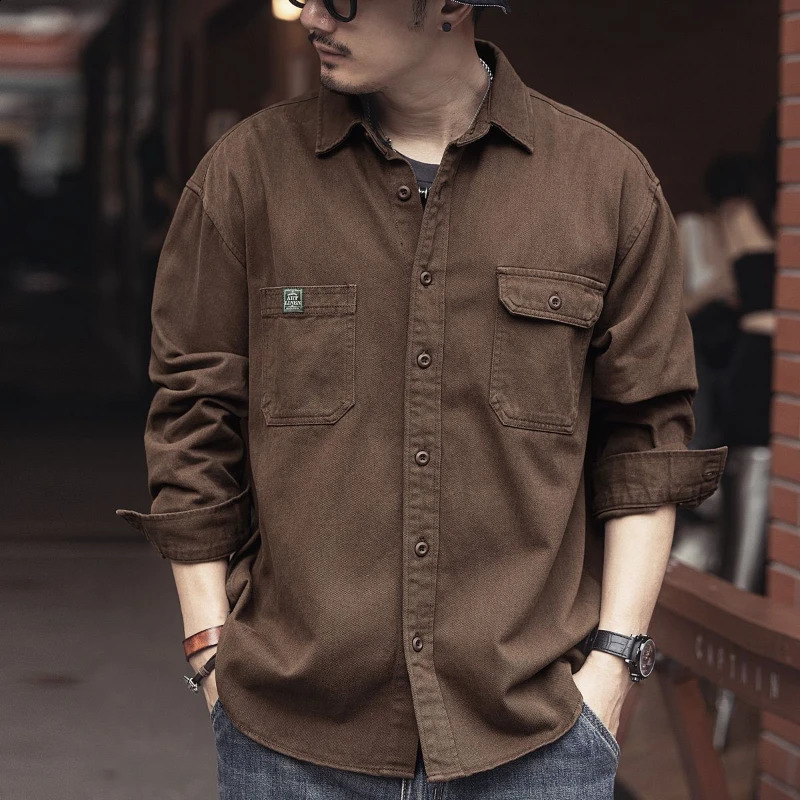Spring Autumn Fashion Turn-down Collar Long Sleeve Solid Color Blouse Mens Clothing Loose Casual Button Simplicity Shirts 250225