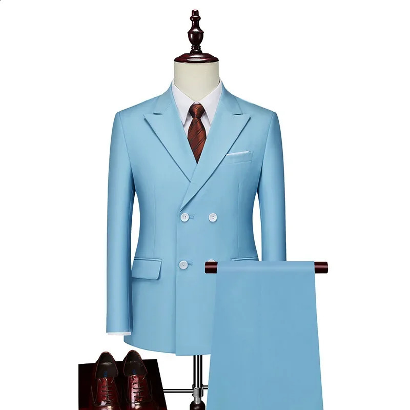Mens Business Casual Suit Double Breasted Western Style Clothes Set Color Korean Slims Smooths Silhouette Banquet Gown Top 250224