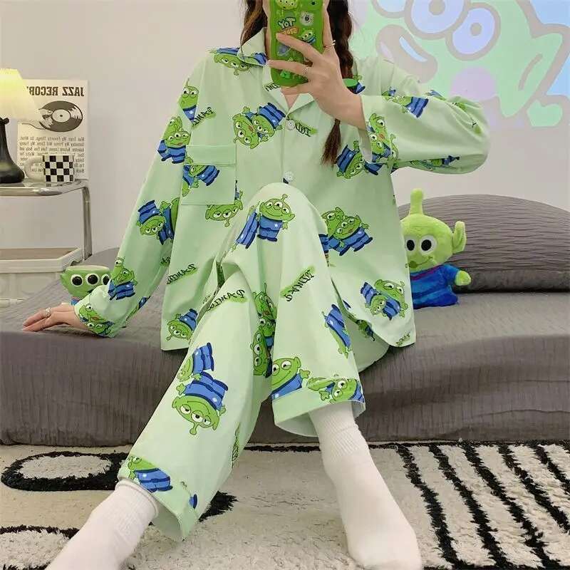 2025 New Cartoon Alien Cute Spring and Autumn Versatile Fashion Designer Men and Women Can Wear Long Sleeve Home Pamas Set