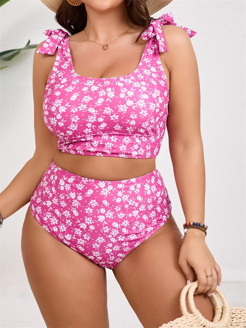Women's Plus Size Floral Print Tie Strap Tops with High Waist Thong Tankini Sets