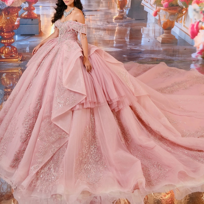 Pink Shiny Quinceanera Dresses Ball Gown Off Shoulder Applique Lace Beading Tull Sweet 16 Dress Vestidos 15 De Anos
