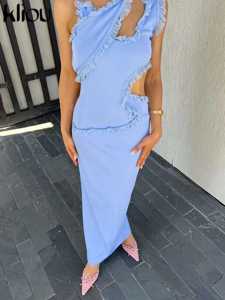 Kliou Ruched Trim Women Maxi Dress Solid Elegant Trend Asymmetrical Suspendency Sheath Concise Robe Female Banquet Party Vestido