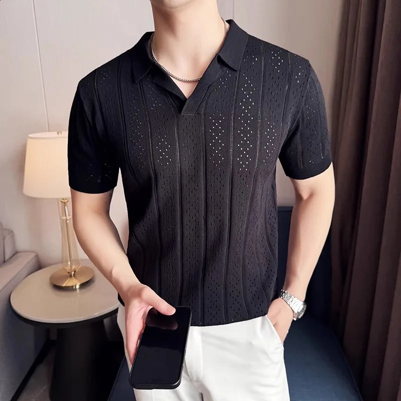 Minglu Knitted V Collar Mens Polo Shirts Spring Summer Short Sleeve Solid Color Hollow Out Casual Male T-shirts Man Tees 250228