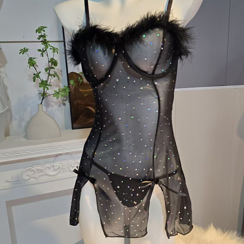 S140 New Spring and Summer Sexy Pajamas Sequined Feather Dress Slit Elastic Pure Desire