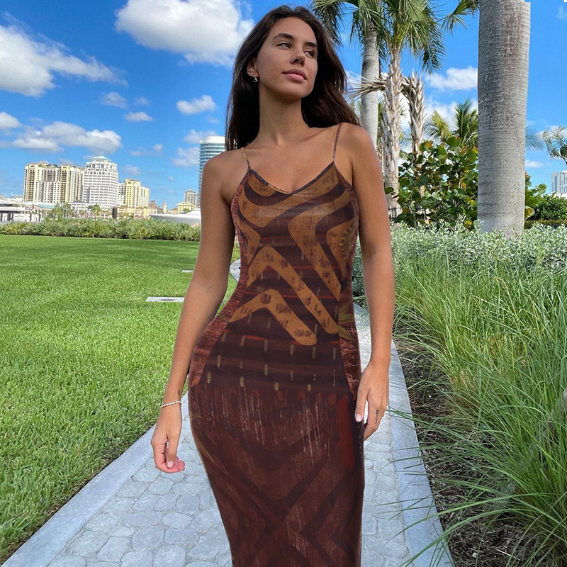 Women's New4 Summer New Product Fashionable Printed Sexy V-Neck Bareback Slimming Strap Dress For Women