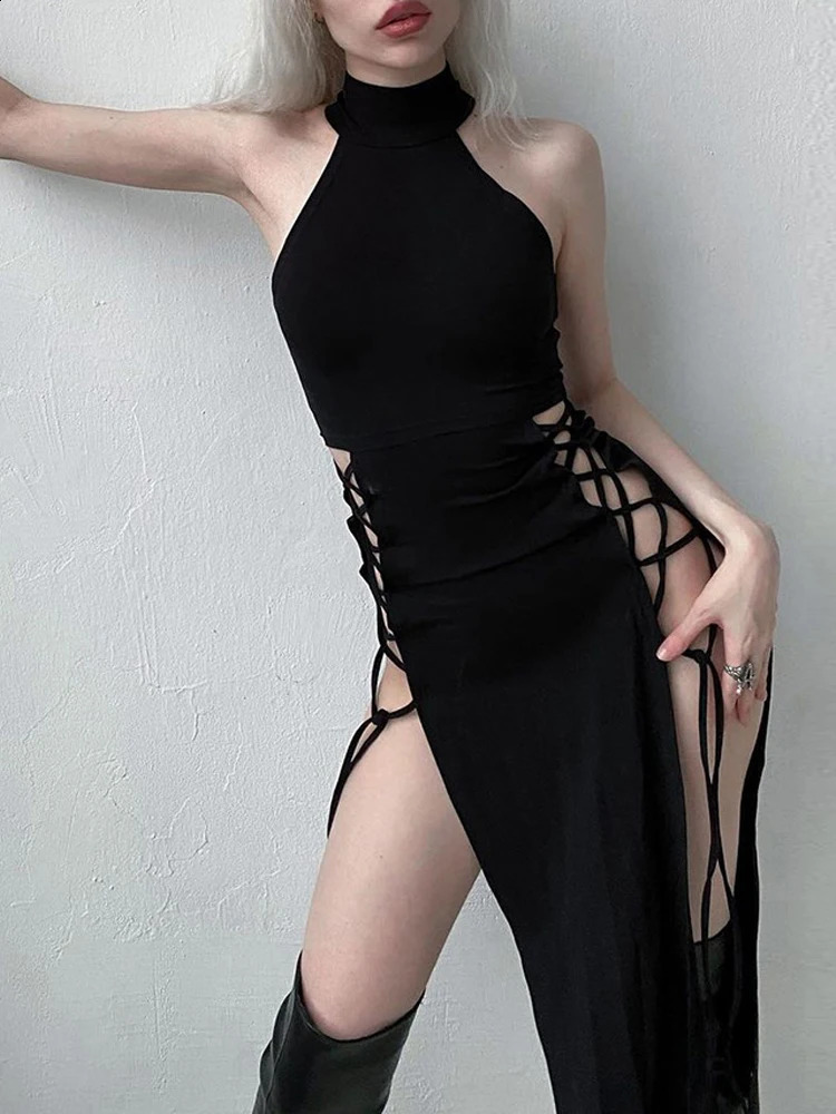 Goth Dark Cosplay High Split Sexy Bandage Women Dresses Y2K Mall Gothic Halter Slim Midi Dress Black Grunge Style Alt Partywear 250228