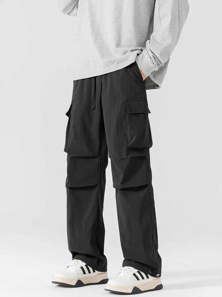 Plus Size 10xl Mens Straight Cargo Pants Spring Summer Ice Silk Cool Multi-Pockets Streetwear Wide Leg Baggy Straight Trousers 250228