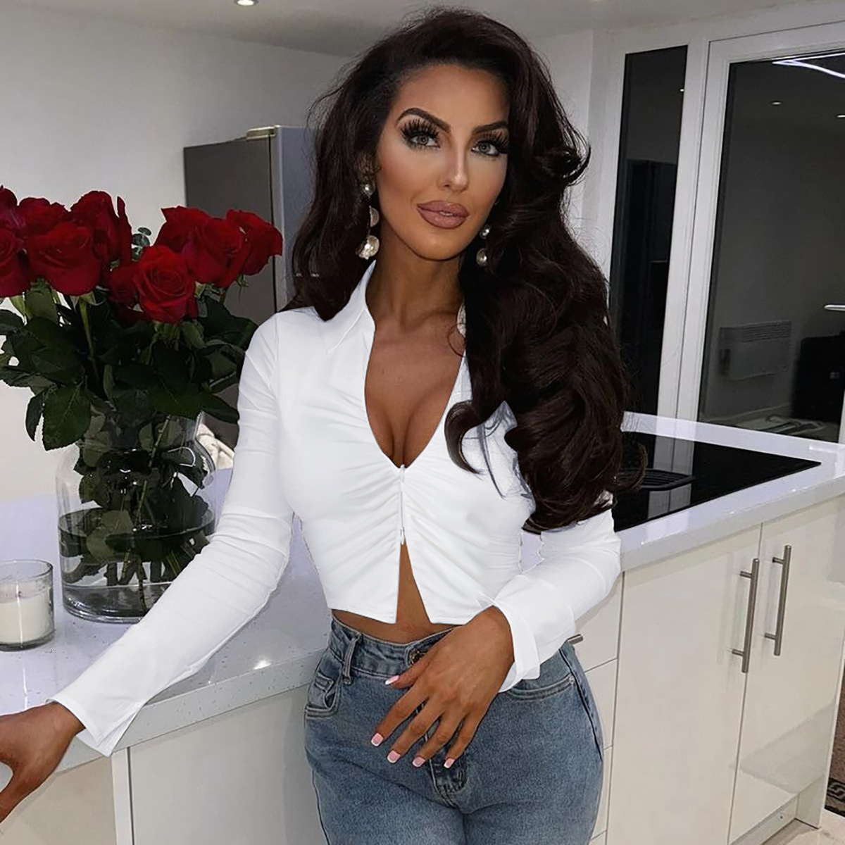 Hot Selling Women's Clothing New4 Autumn New Product Fashionable Crop Slim Fit Zipper Lapel Long Sleeved T-Shirt Top
