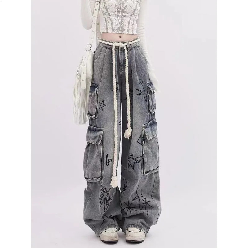 European and American Street Fun Graffiti Multi Pocket Work Jeans Women Spring High Waist Loose Wide Leg Floor Dragging Pants 250224