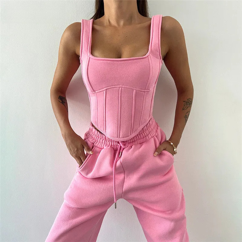 Vsstiar Women Three Piece Set Long Sleeve Hooded Crop Top Irregulary Tanks Pockets Pants Casual Tracksuit Fashion Female Clothes
