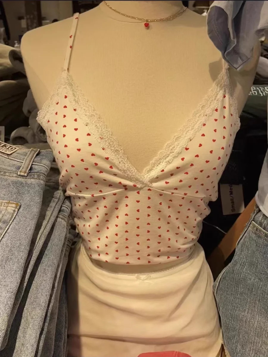 Heart Print Cotton Vest Shorts Set for Woman Summer Sweet Girl Sexy V Neck Lace Crop Top Buttons Short Pant Cute 2 Piece Sets 250228