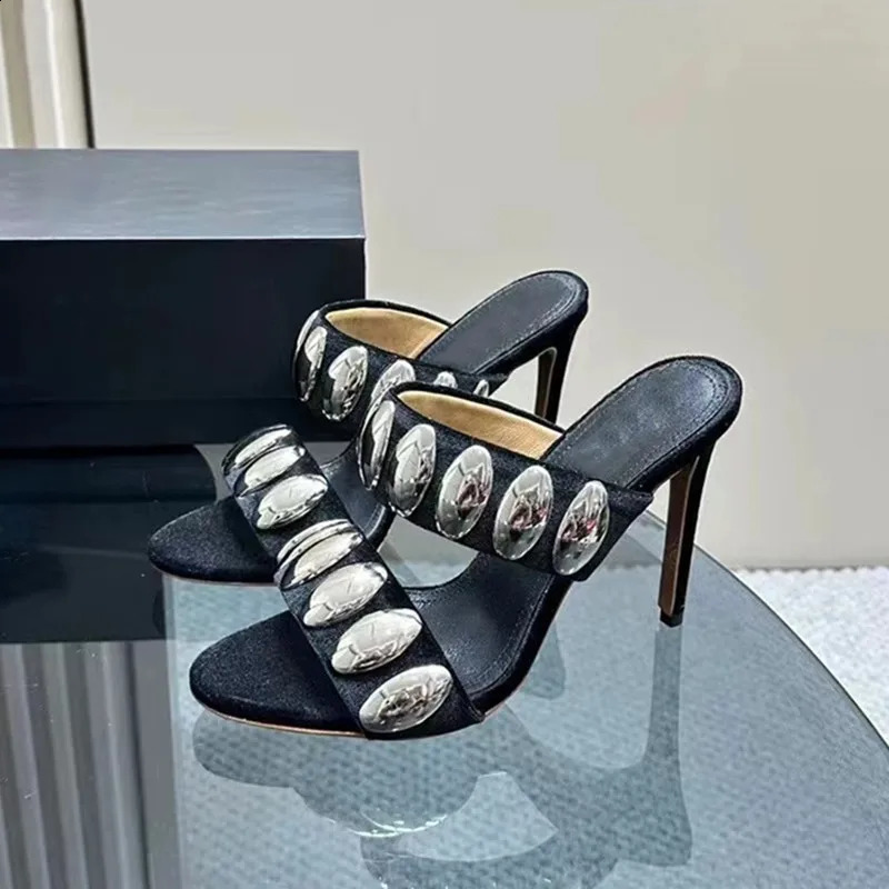 Summer Metal Decor Women Slippers Sandals Fashion Banquet Rivet Stiletto high Heels Suede Pumps Female Mules Slides 250228