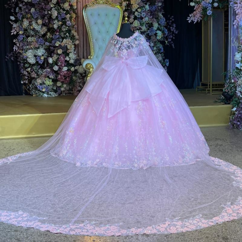 Pink Shiny Quinceanera Dresses Ball Gown Off The Shoulder Sequin Applique Lace Bow Beads Tull Party Birthday Sweet 16 Vestidos 15 De Anos